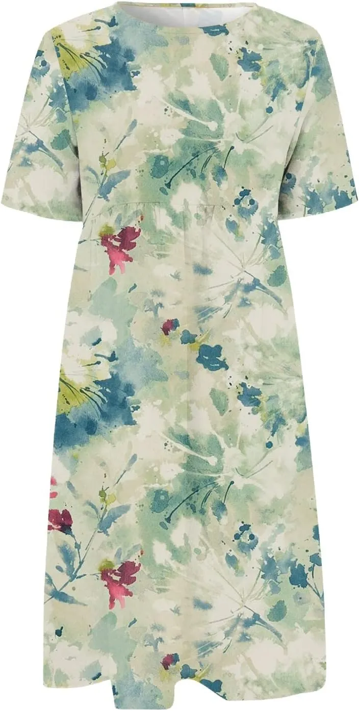 Casual Dresses for Women 2024 Plus Size Print Basic Dresses Summer Short Sleeve Flowy O Neck Dress with Pockets