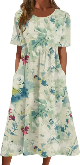 Casual Dresses for Women 2024 Plus Size Print Basic Dresses Summer Short Sleeve Flowy O Neck Dress with Pockets