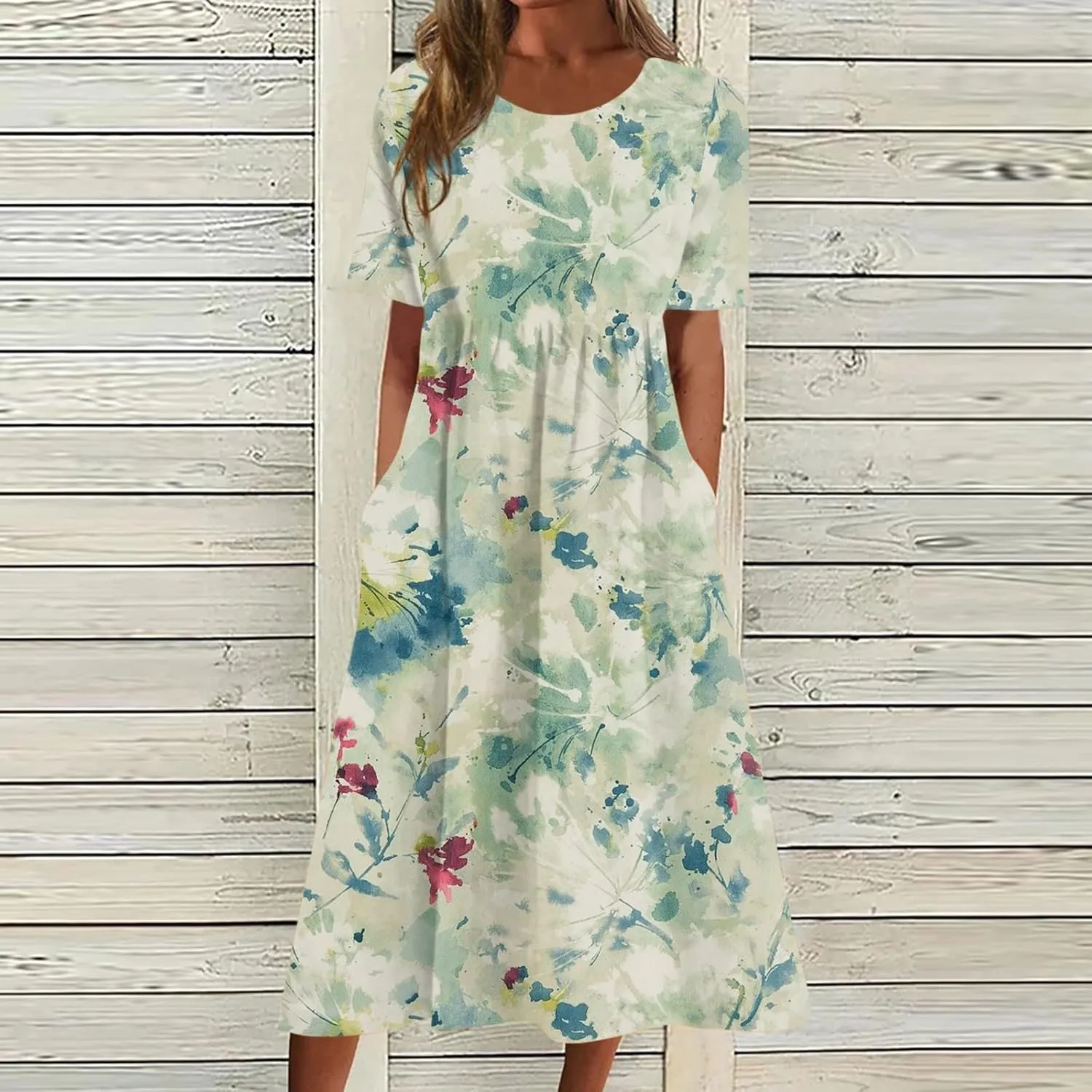Casual Dresses for Women 2024 Plus Size Print Basic Dresses Summer Short Sleeve Flowy O Neck Dress with Pockets