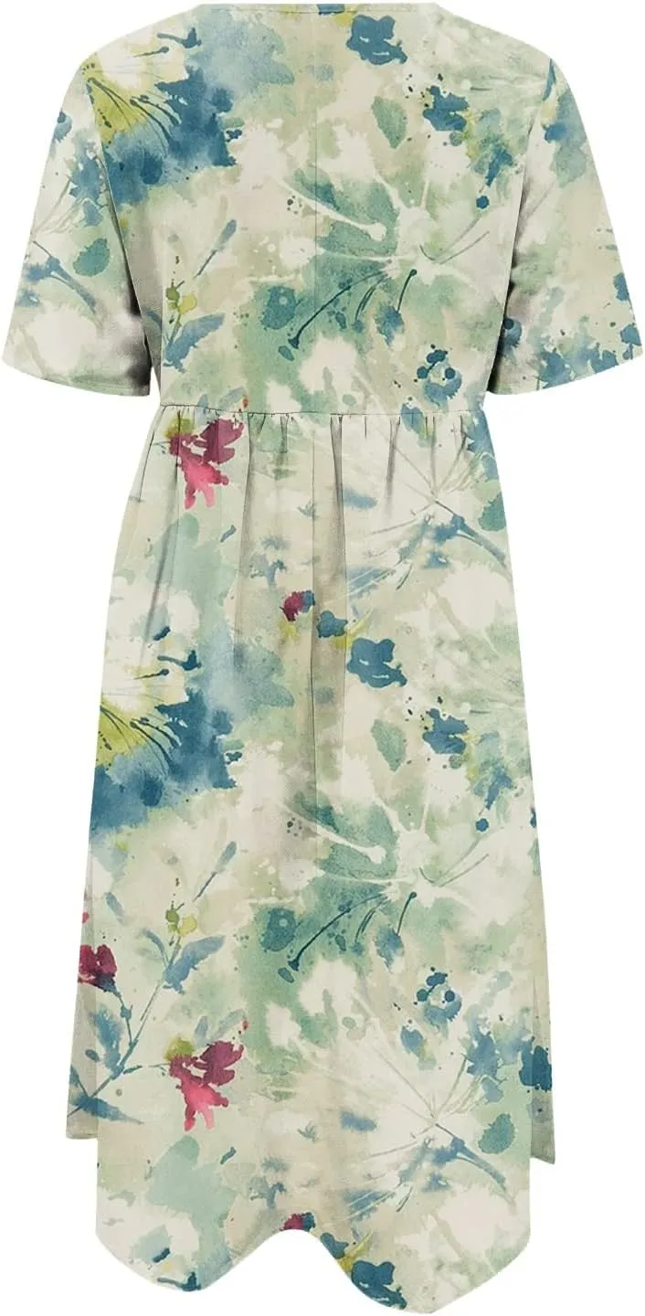 Casual Dresses for Women 2024 Plus Size Print Basic Dresses Summer Short Sleeve Flowy O Neck Dress with Pockets