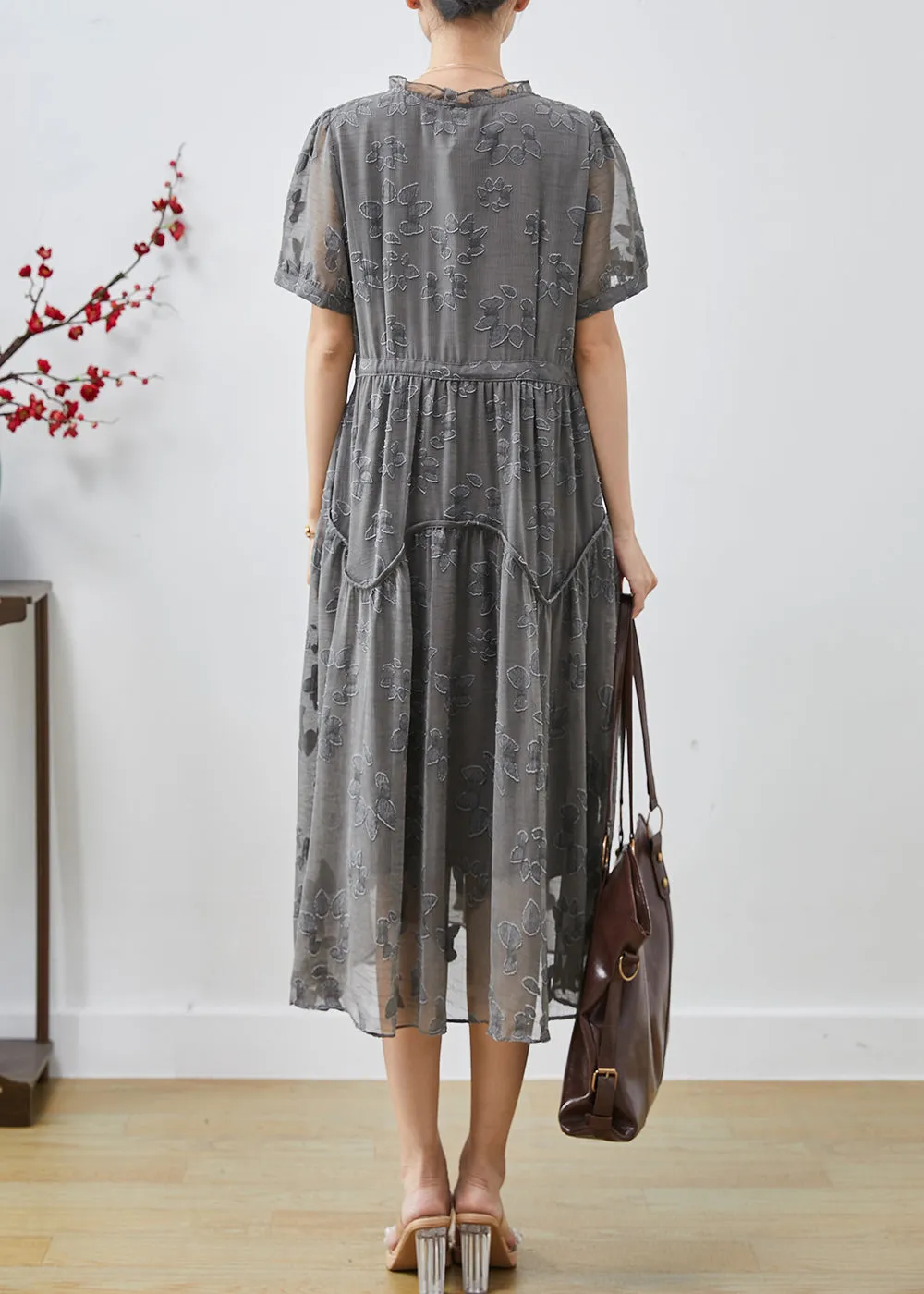 Casual Grey Cinched Jacquard Chiffon Dress Summer AP1068