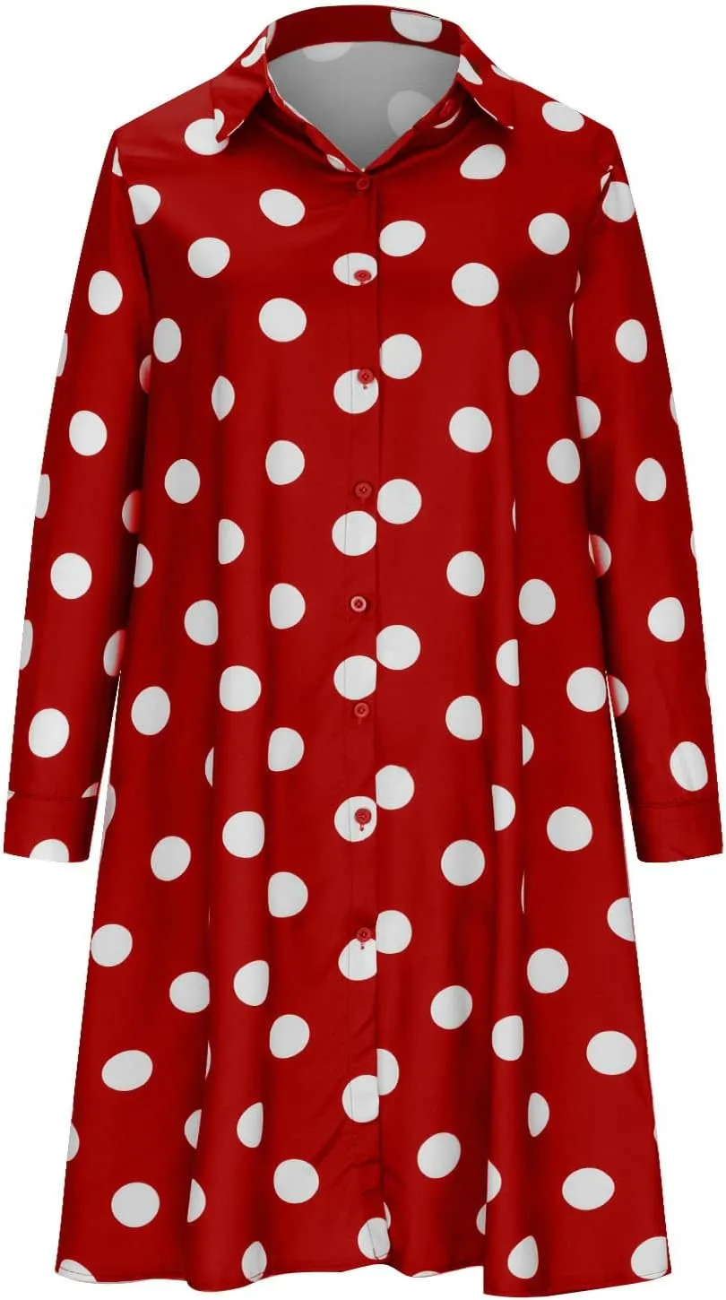 Ceboyel Shirt Dresses for Women 2023 Polka Dot Midi Dress Long Sleeve Button Down Dress Dressy Casual Ladies Clothing