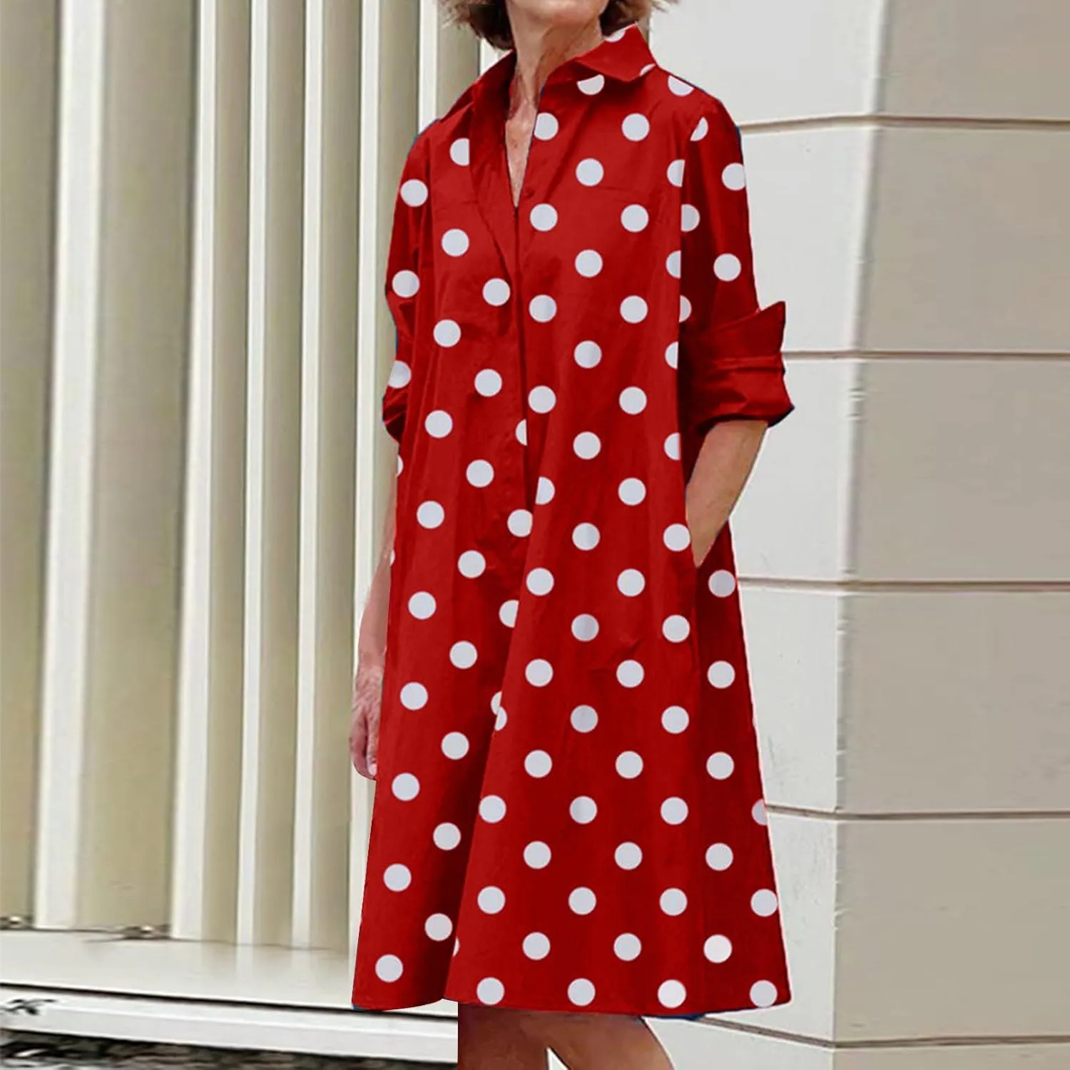 Ceboyel Shirt Dresses for Women 2023 Polka Dot Midi Dress Long Sleeve Button Down Dress Dressy Casual Ladies Clothing