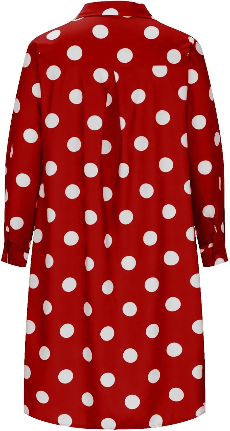 Ceboyel Shirt Dresses for Women 2023 Polka Dot Midi Dress Long Sleeve Button Down Dress Dressy Casual Ladies Clothing