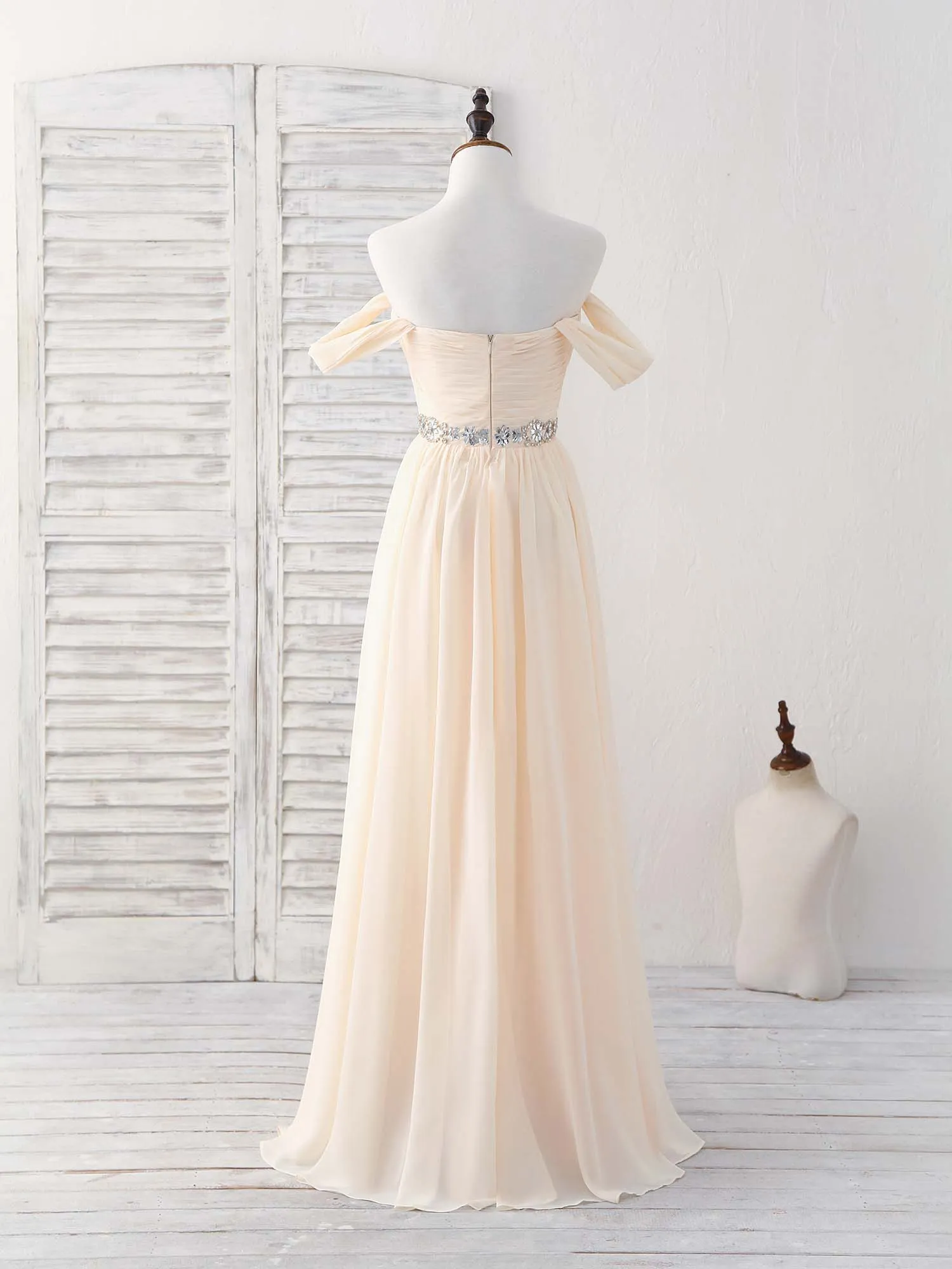 Champagne Chiffon Off Shoulder Long Prom Dress Bridesmaid Dress