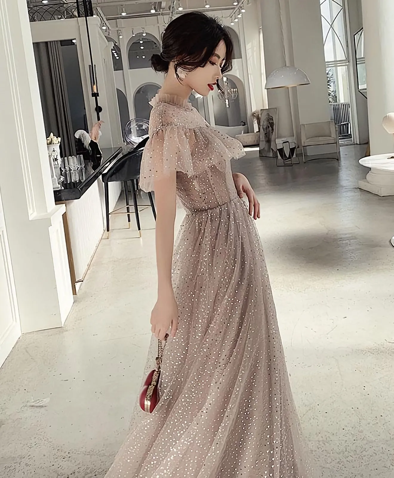 Champagne Tulle Sequin Long Prom Dress Tulle Formal Dress