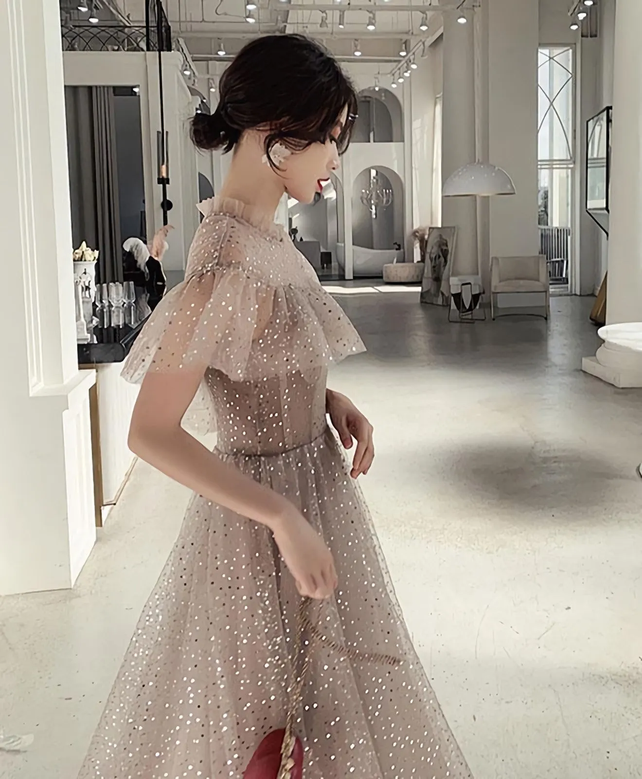 Champagne Tulle Sequin Long Prom Dress Tulle Formal Dress