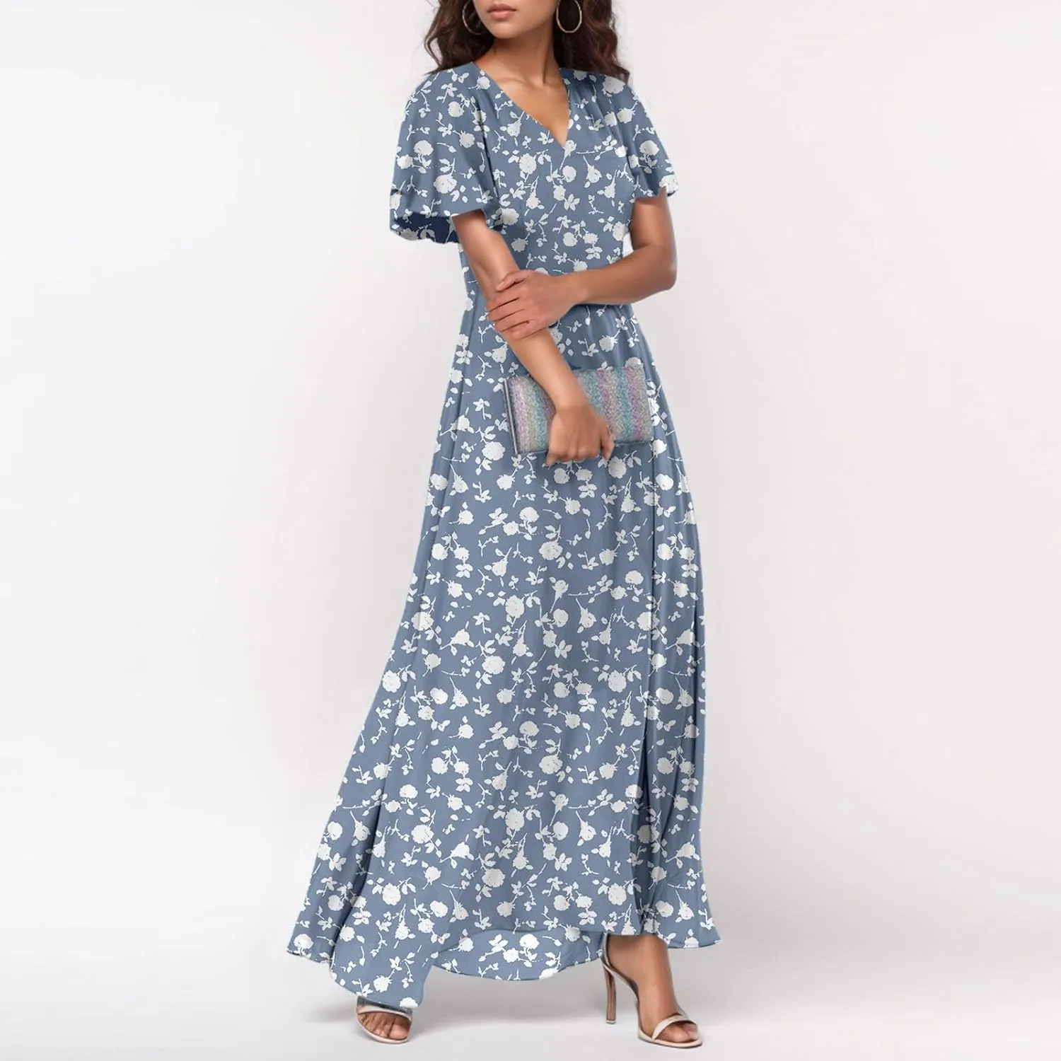 Chiffon Dresses for Women Flutter Sleeve Summer Boho Floral Maxi Dresses Gauze Flowy Garden Wedding Guest Long Dress