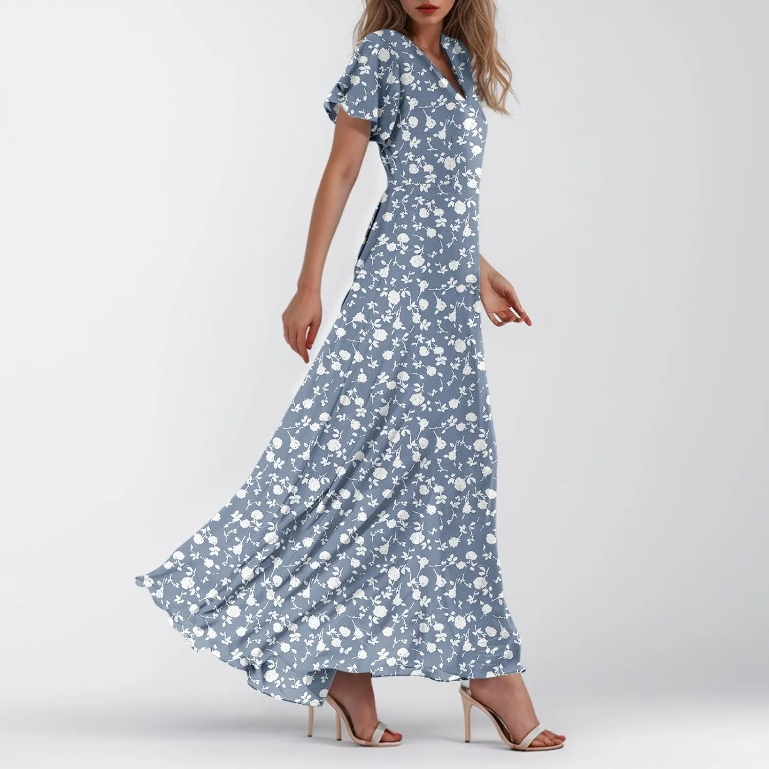 Chiffon Dresses for Women Flutter Sleeve Summer Boho Floral Maxi Dresses Gauze Flowy Garden Wedding Guest Long Dress