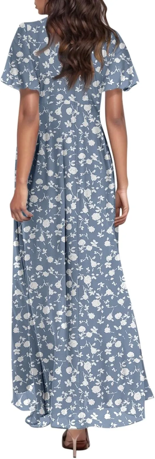 Chiffon Dresses for Women Flutter Sleeve Summer Boho Floral Maxi Dresses Gauze Flowy Garden Wedding Guest Long Dress