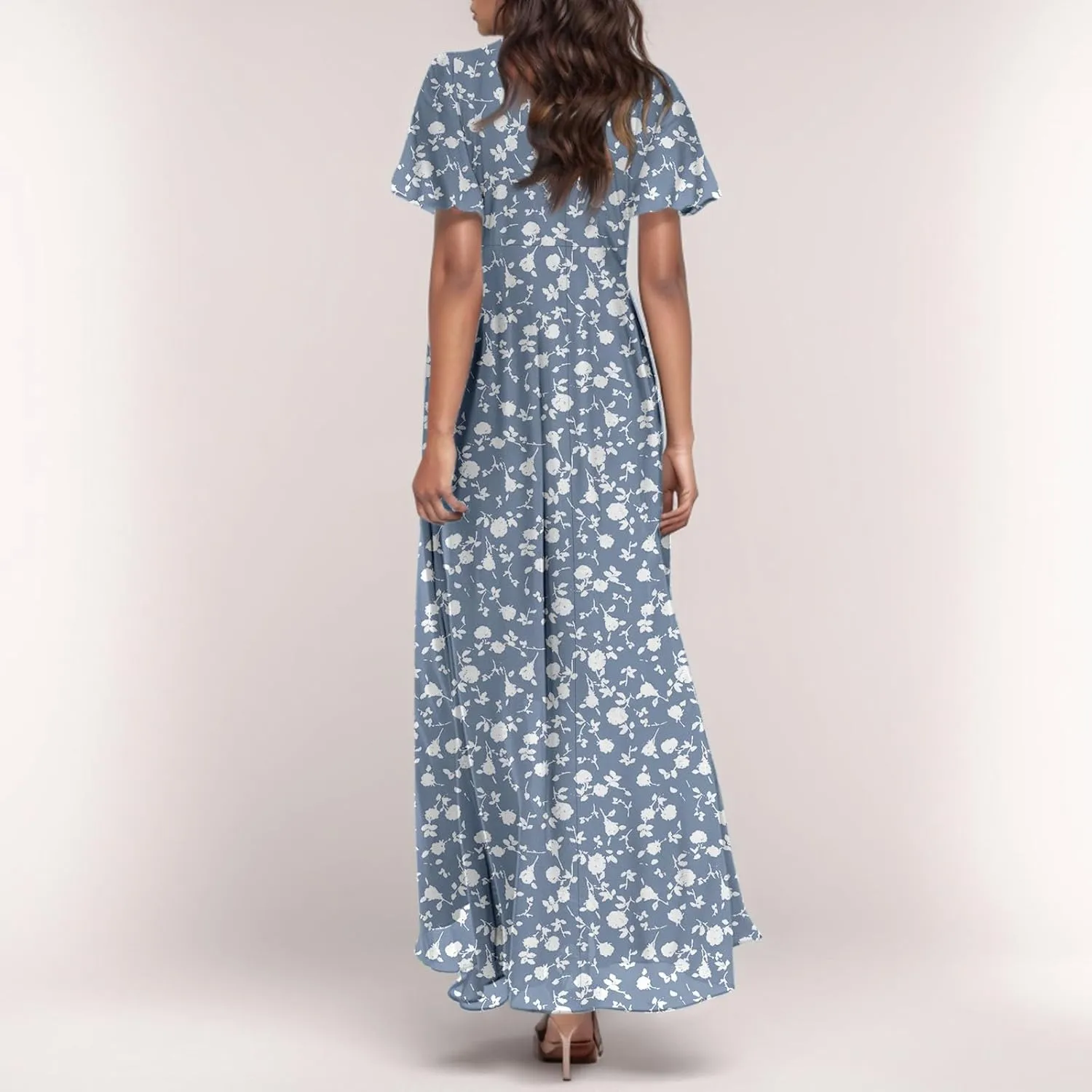 Chiffon Dresses for Women Flutter Sleeve Summer Boho Floral Maxi Dresses Gauze Flowy Garden Wedding Guest Long Dress