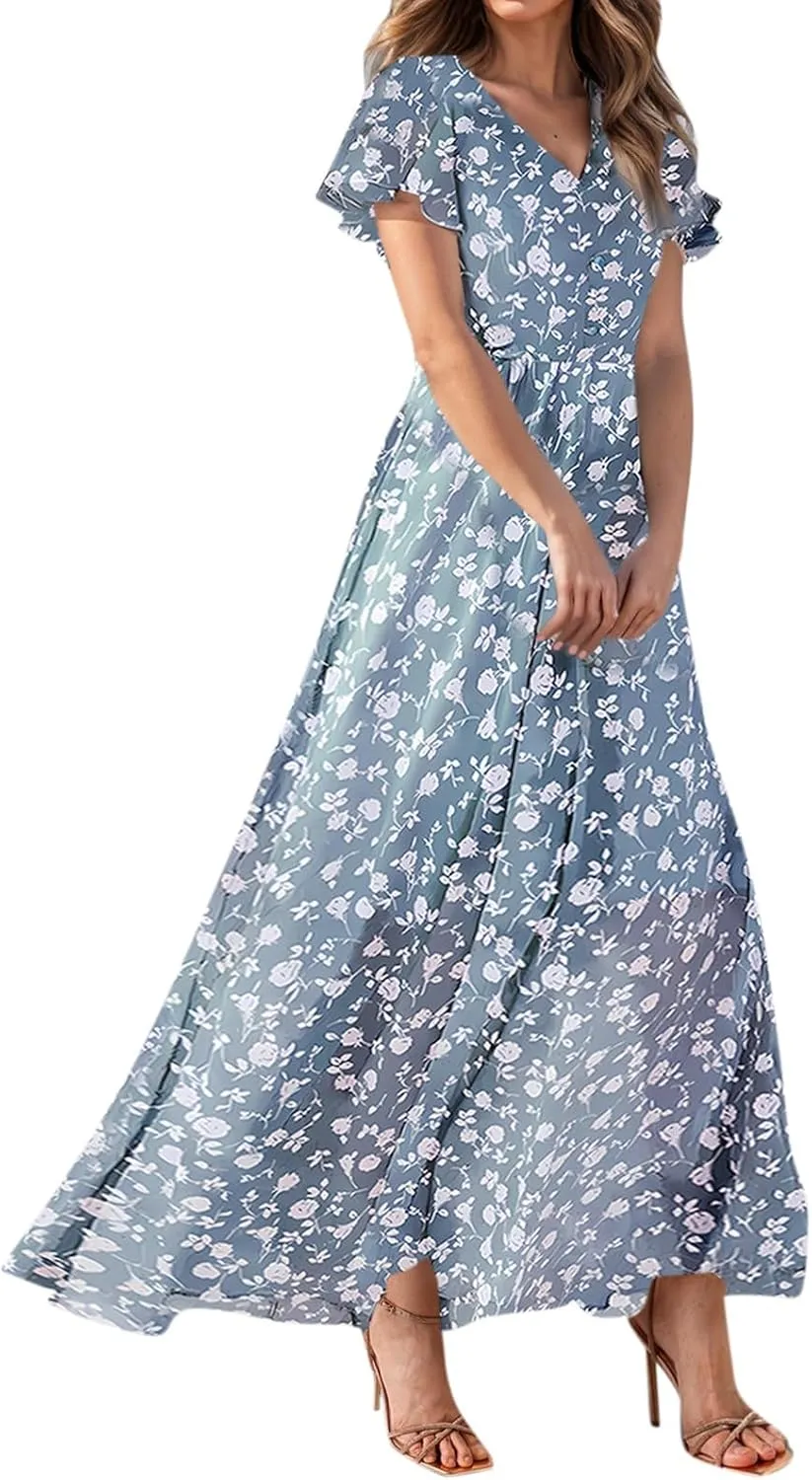 Chiffon Dresses for Women Flutter Sleeve Summer Boho Floral Maxi Dresses Gauze Flowy Garden Wedding Guest Long Dress