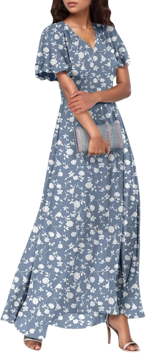 Chiffon Dresses for Women Flutter Sleeve Summer Boho Floral Maxi Dresses Gauze Flowy Garden Wedding Guest Long Dress