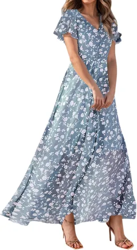Chiffon Dresses for Women Flutter Sleeve Summer Boho Floral Maxi Dresses Gauze Flowy Garden Wedding Guest Long Dress