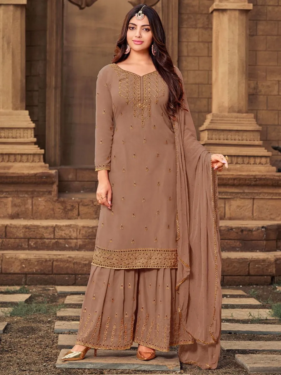 Chikoo Georgette Embroidered Festive Palazzo Suit