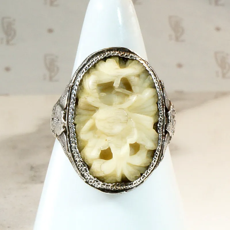 Chinese Carved Bone & Silver Filigree Ring