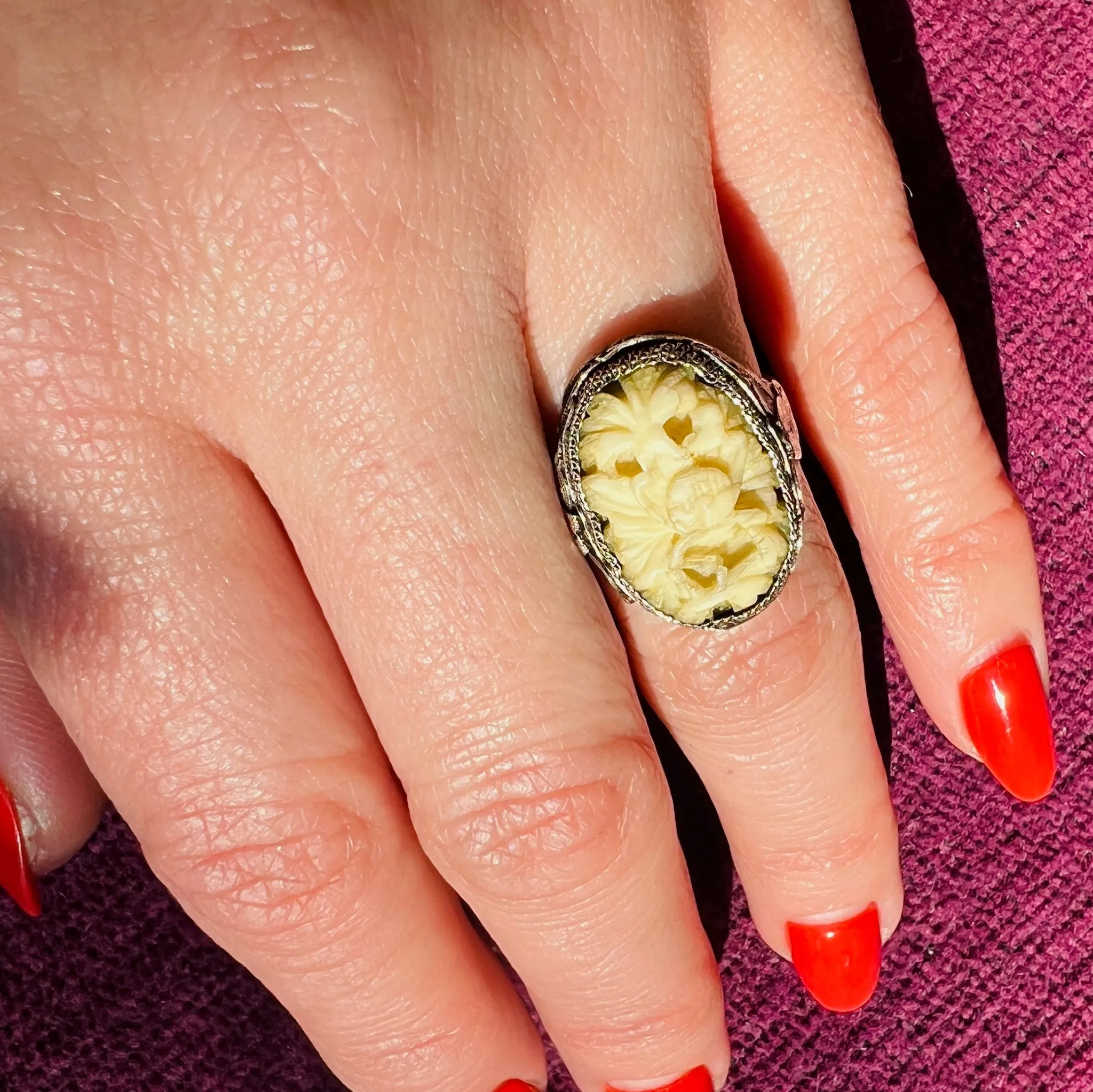 Chinese Carved Bone & Silver Filigree Ring