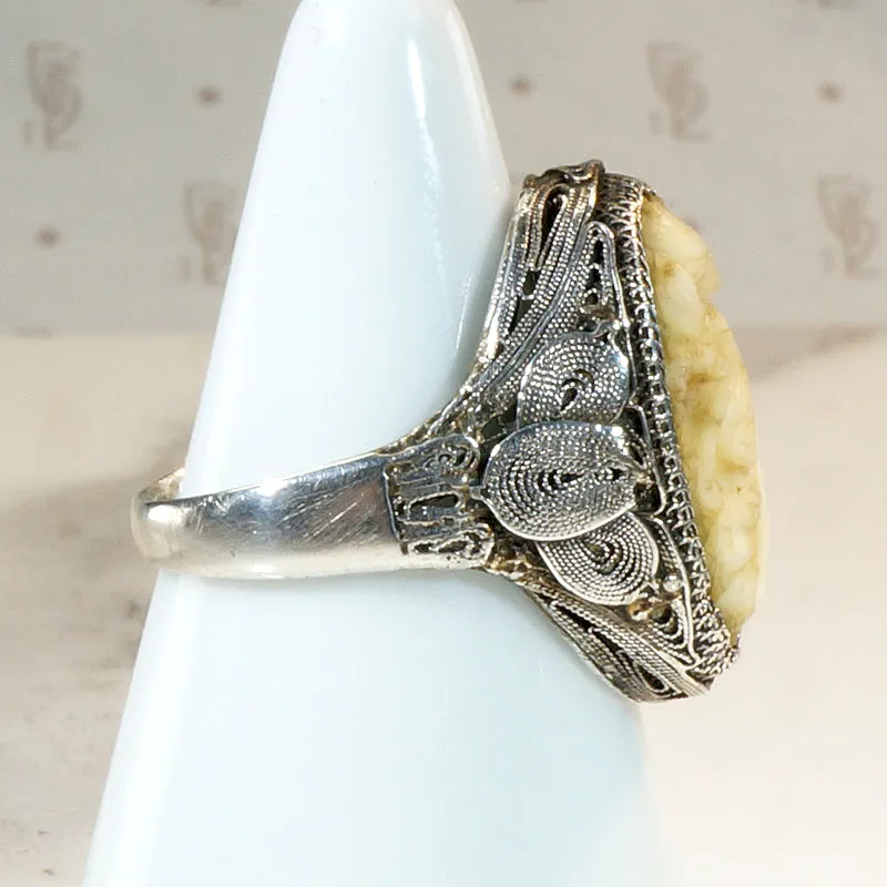 Chinese Carved Bone & Silver Filigree Ring