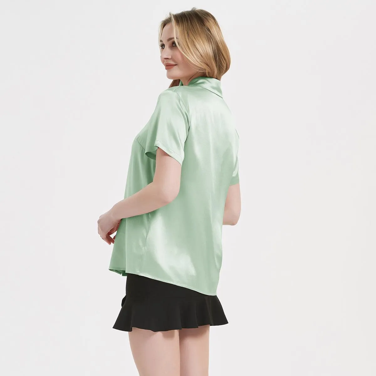 Classic Womens Silk Blouse 22 MM Hidden Placket Silk Top Short Sleeves Silk Shirt