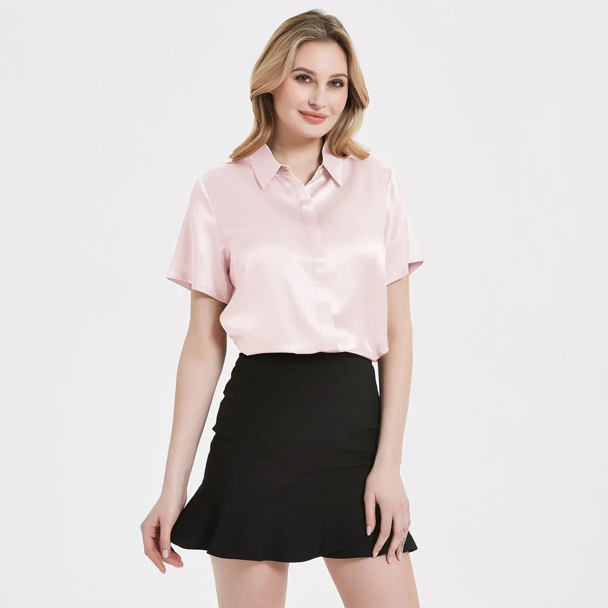 Classic Womens Silk Blouse 22 MM Hidden Placket Silk Top Short Sleeves Silk Shirt