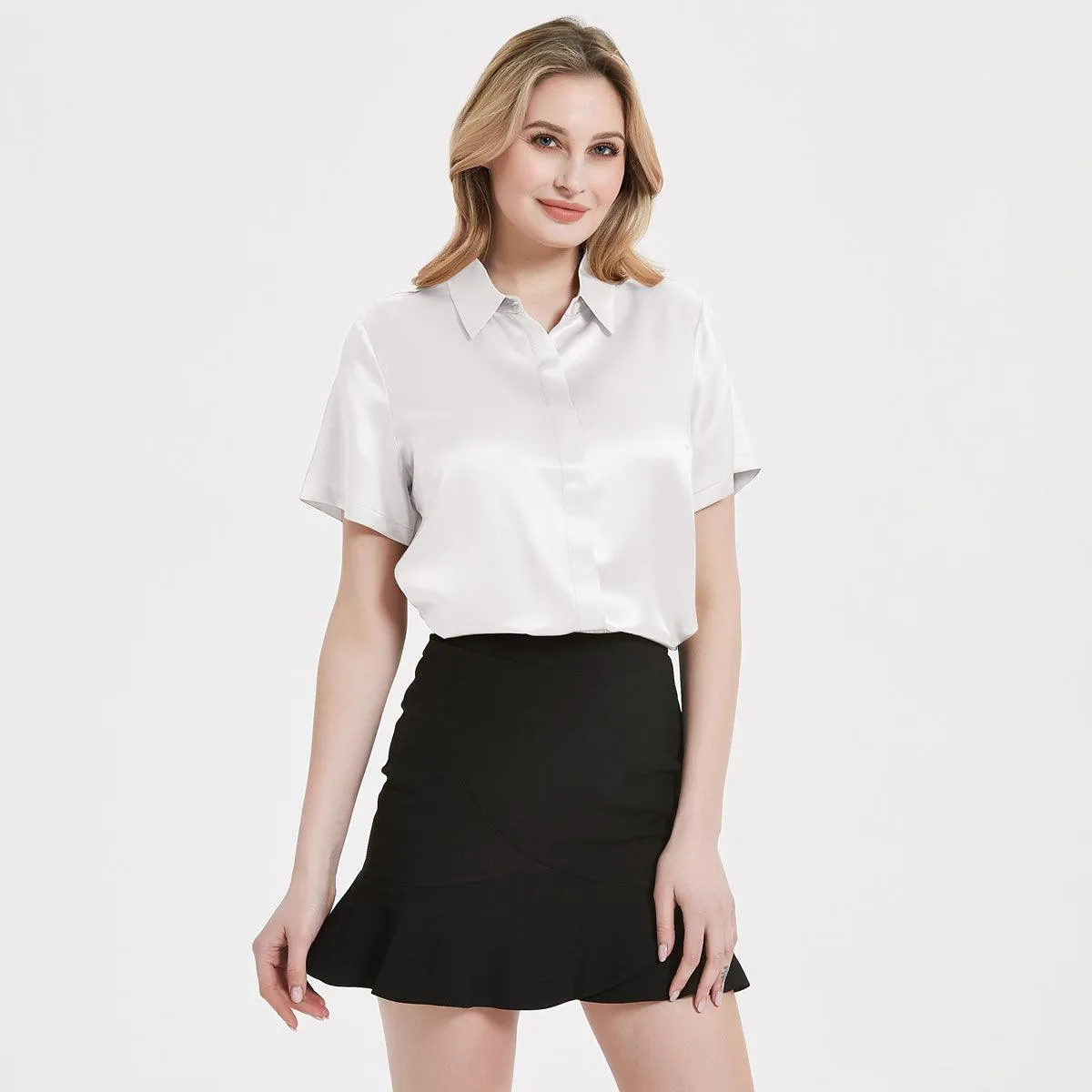 Classic Womens Silk Blouse 22 MM Hidden Placket Silk Top Short Sleeves Silk Shirt
