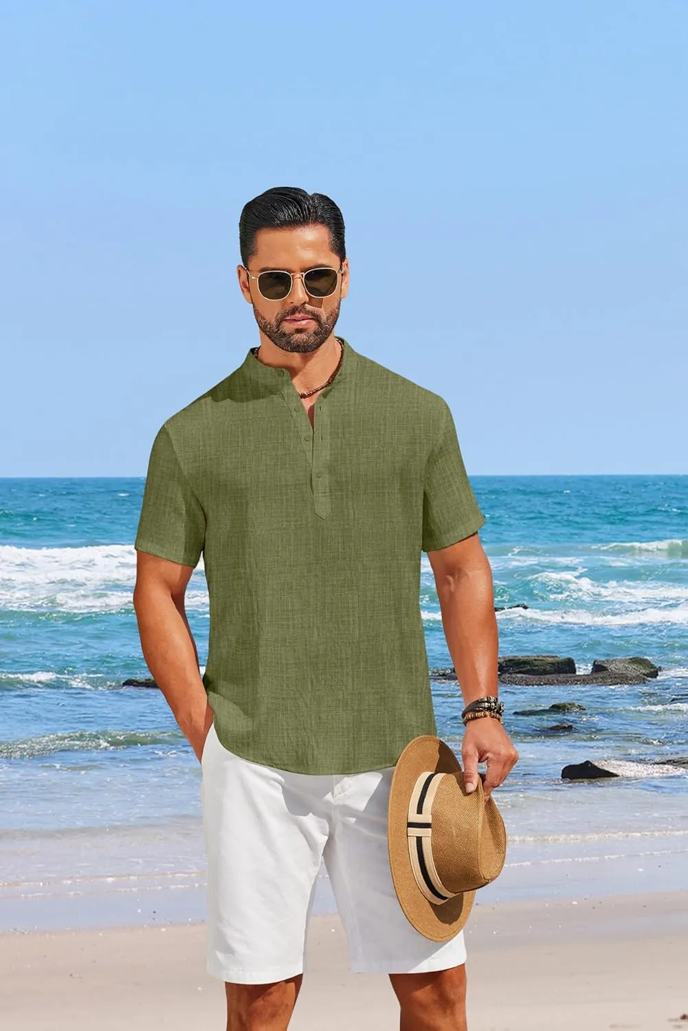COOFANDY Men's Casual Henley Shirt Short Sleeve Linen Shirt Band Collar Summer Hippie Beach T-Shirts