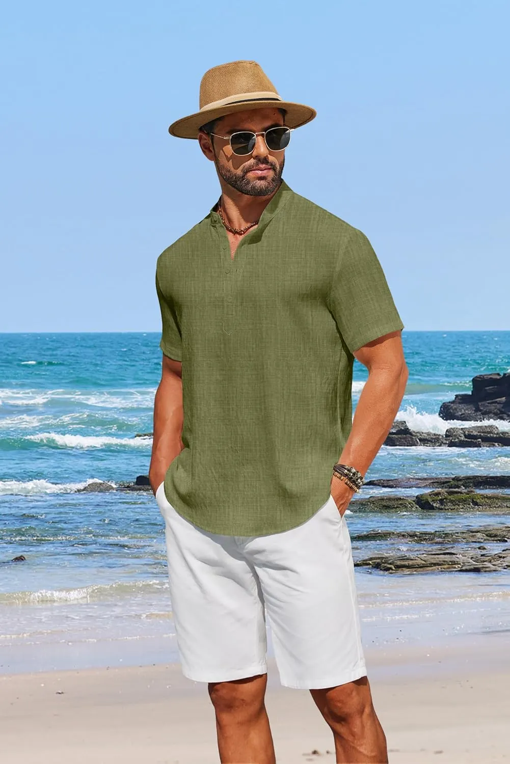COOFANDY Men's Casual Henley Shirt Short Sleeve Linen Shirt Band Collar Summer Hippie Beach T-Shirts