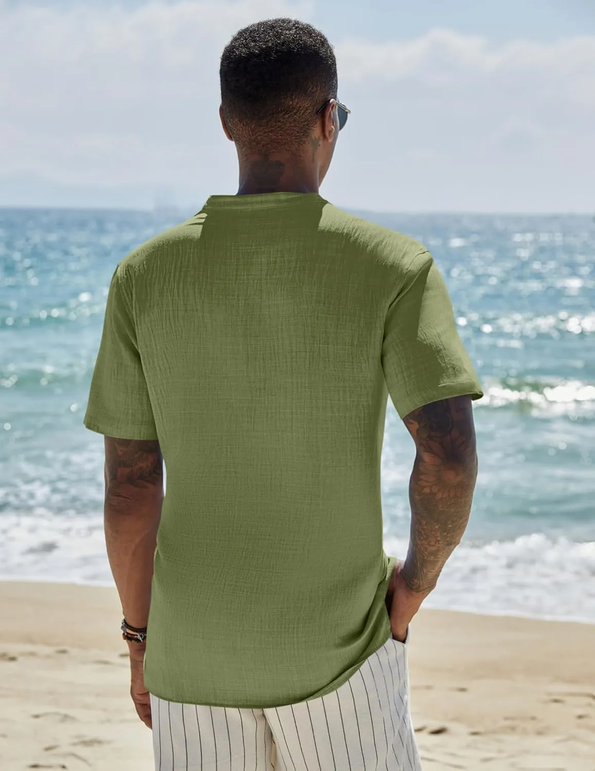COOFANDY Men's Casual Henley Shirt Short Sleeve Linen Shirt Band Collar Summer Hippie Beach T-Shirts