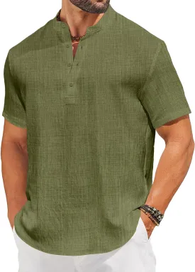 COOFANDY Men's Casual Henley Shirt Short Sleeve Linen Shirt Band Collar Summer Hippie Beach T-Shirts