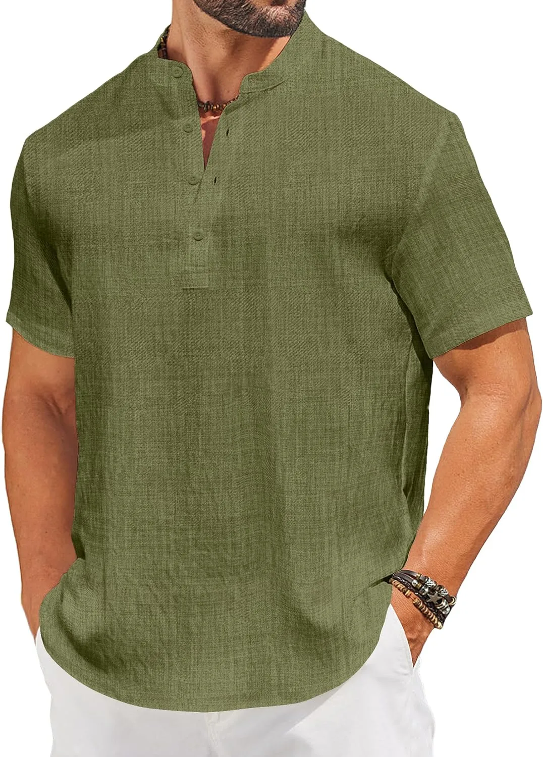 COOFANDY Men's Casual Henley Shirt Short Sleeve Linen Shirt Band Collar Summer Hippie Beach T-Shirts