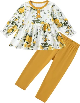 DISAUR Baby Girl Fall Outfits Toddler Girl Clothes Winter Cute Long Sleeves Floral Ruffle Top Cotton Pants Set Clothing