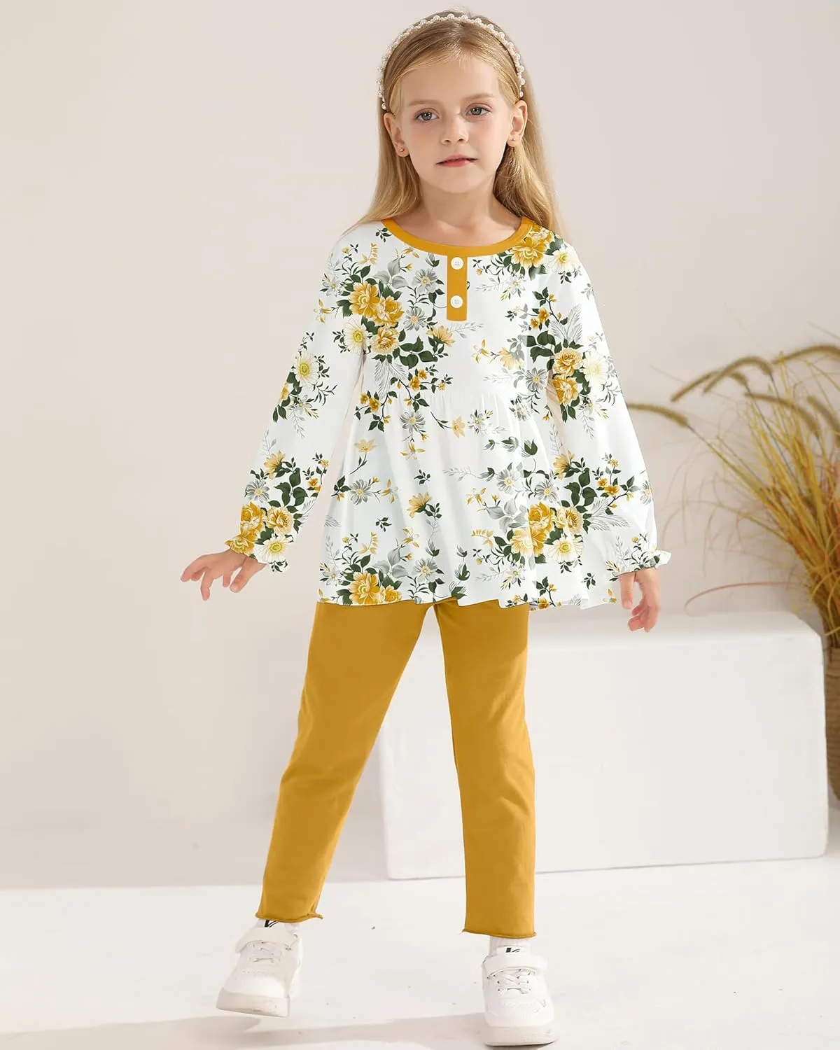 DISAUR Baby Girl Fall Outfits Toddler Girl Clothes Winter Cute Long Sleeves Floral Ruffle Top Cotton Pants Set Clothing