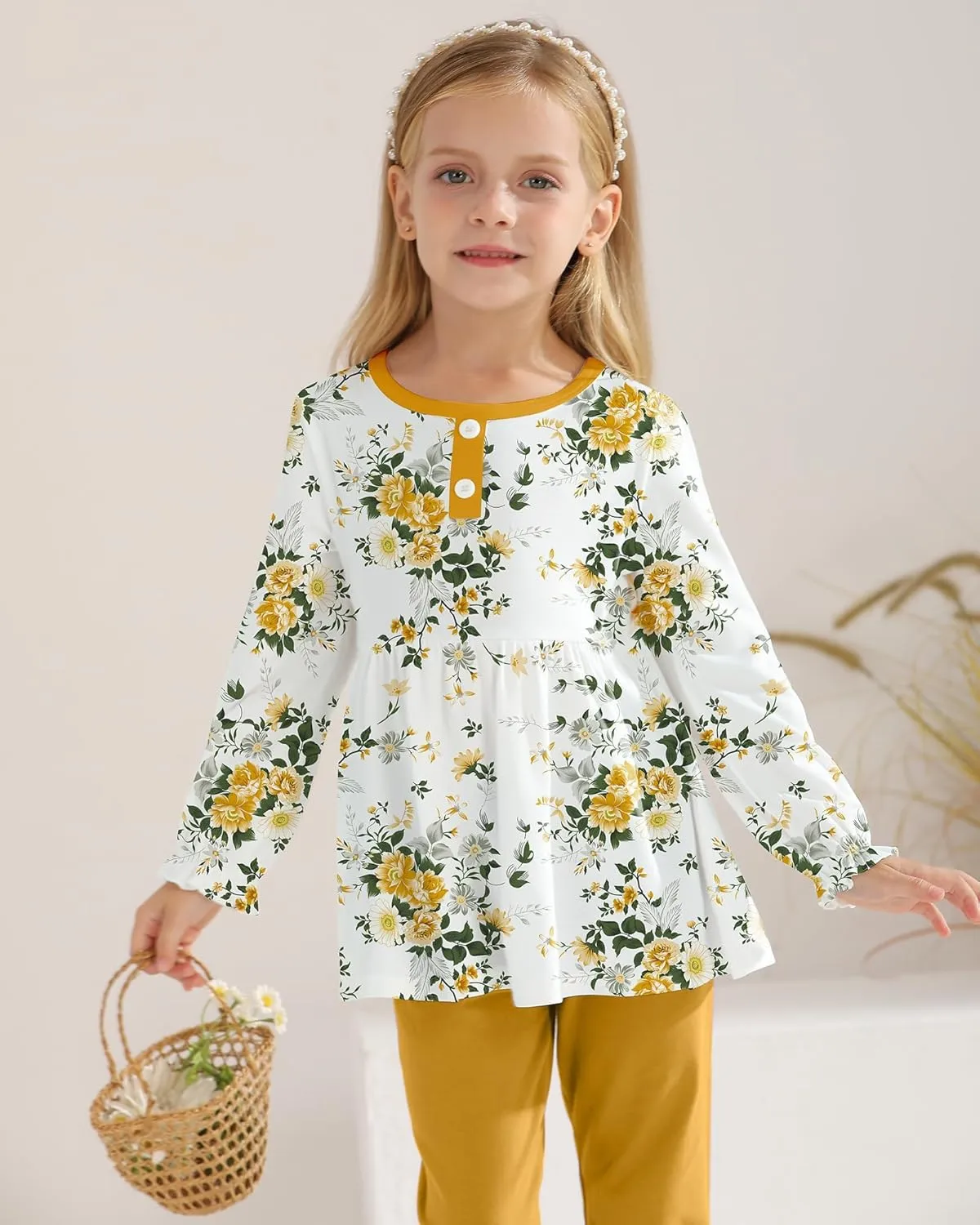 DISAUR Baby Girl Fall Outfits Toddler Girl Clothes Winter Cute Long Sleeves Floral Ruffle Top Cotton Pants Set Clothing