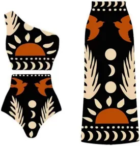 Female One Piece Suit with Beach Cover up Wrap Skirt Swimsuit Sarong Retro Floral Print Bikini Two Piece Suit