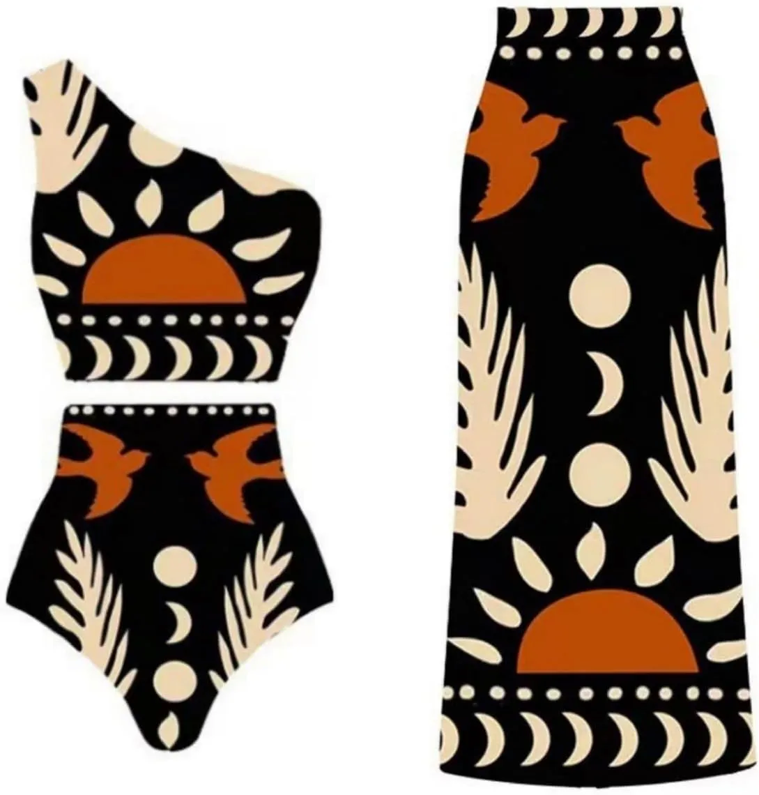 Female One Piece Suit with Beach Cover up Wrap Skirt Swimsuit Sarong Retro Floral Print Bikini Two Piece Suit