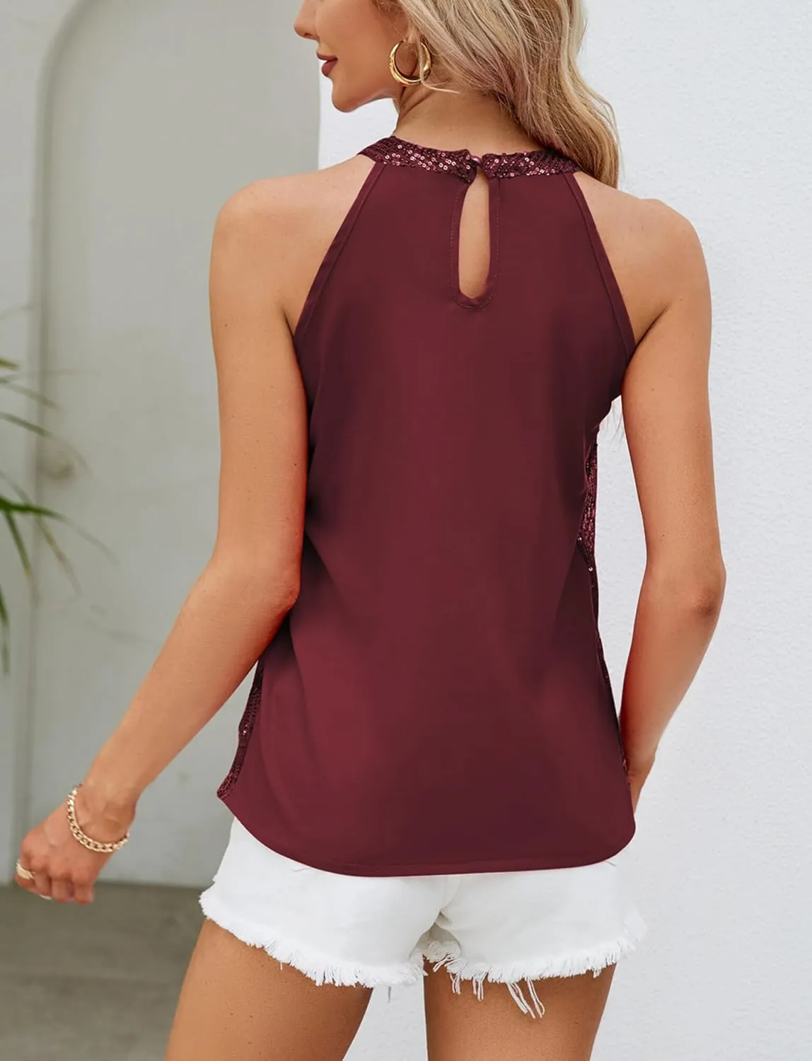 FEOYA Women Sparkle Sequins Halter Top Shimmer Shiny Sleeveless Shirts Glitter Cami Top