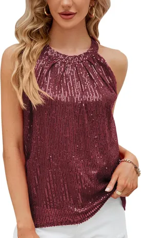 FEOYA Women Sparkle Sequins Halter Top Shimmer Shiny Sleeveless Shirts Glitter Cami Top