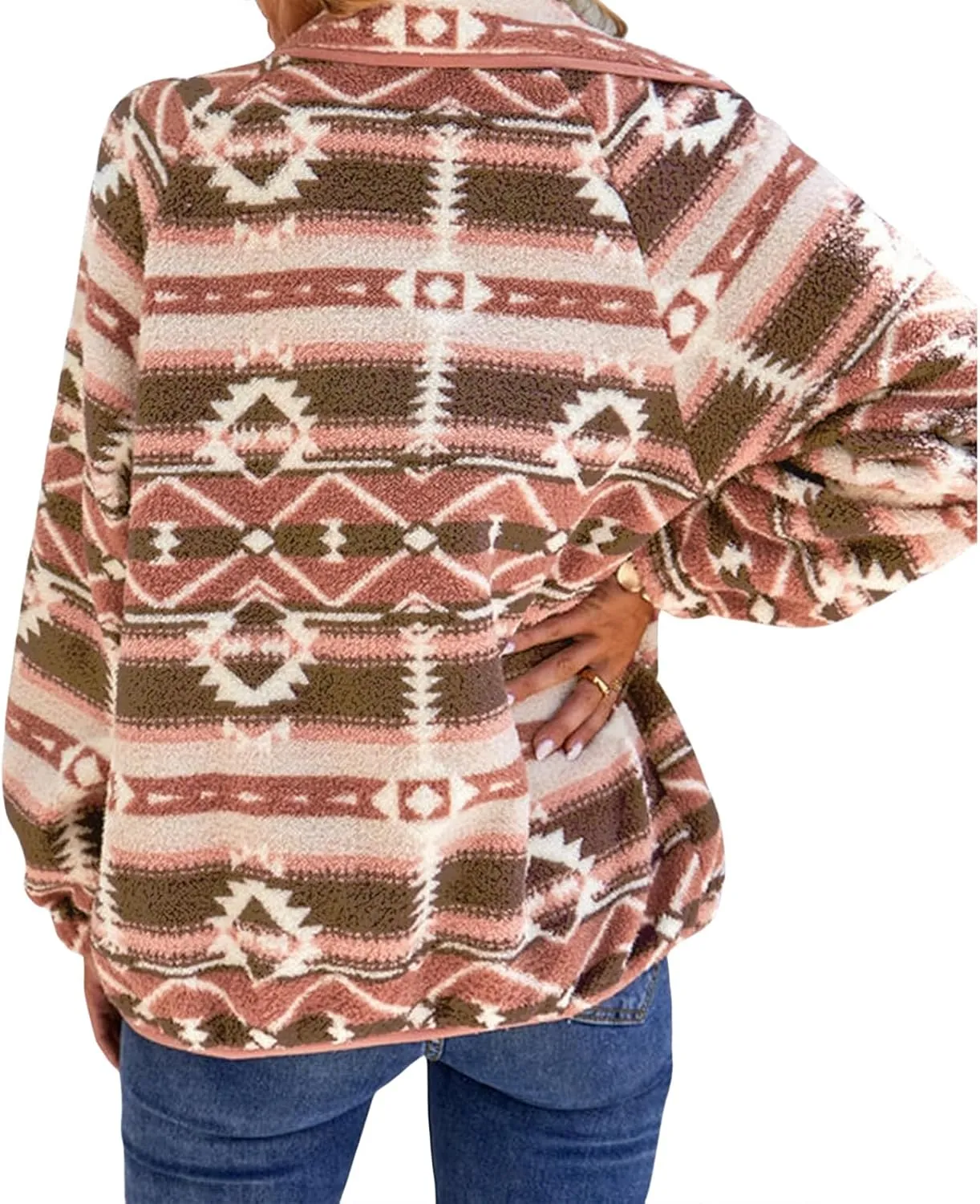 Fleece Jacket Womens Western Aztec Print Button Down Shacket Jacket Winter Warm Long Sleeve Tribal Coat Outwear