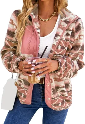 Fleece Jacket Womens Western Aztec Print Button Down Shacket Jacket Winter Warm Long Sleeve Tribal Coat Outwear