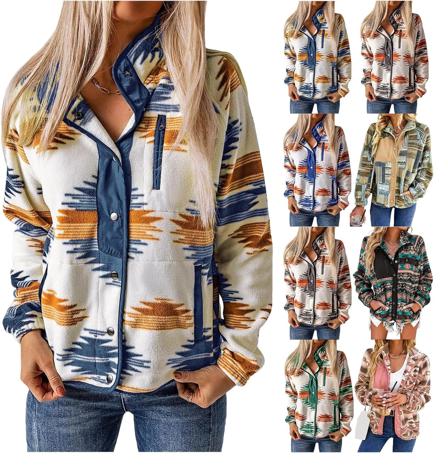 Fleece Jacket Womens Western Aztec Print Button Down Shacket Jacket Winter Warm Long Sleeve Tribal Coat Outwear