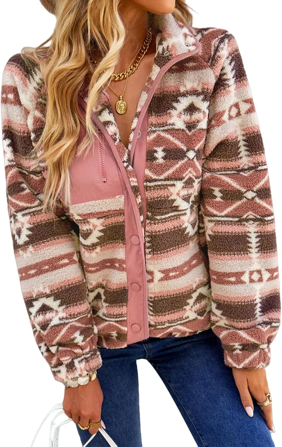 Fleece Jacket Womens Western Aztec Print Button Down Shacket Jacket Winter Warm Long Sleeve Tribal Coat Outwear