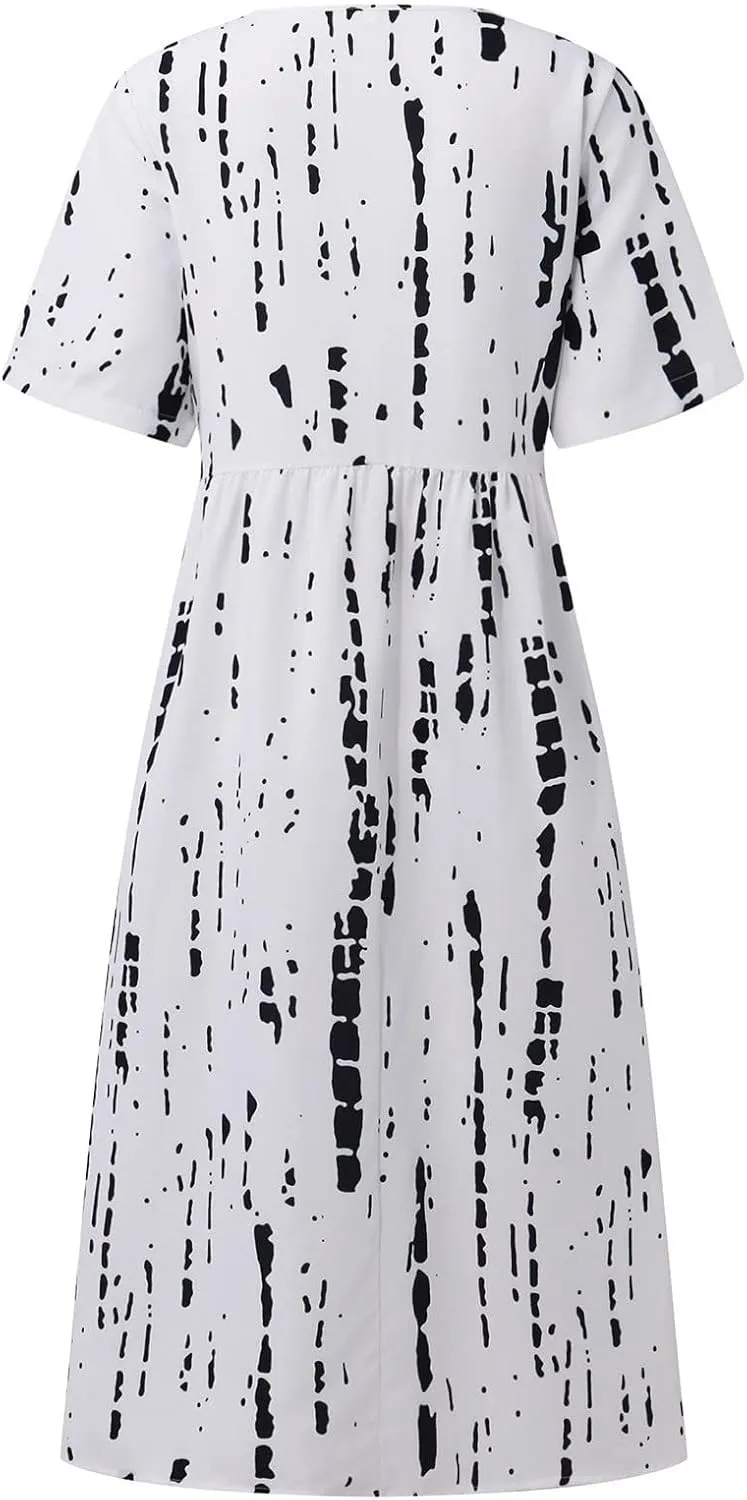 FlekmanArt Dresses for Women 2024 Round Neck Pocket Long Dresses Pleated Printed Dresses Short Sleeve Casual Beach Dress