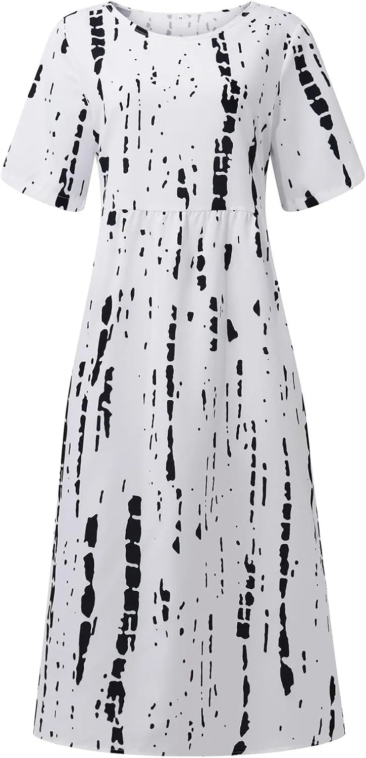 FlekmanArt Dresses for Women 2024 Round Neck Pocket Long Dresses Pleated Printed Dresses Short Sleeve Casual Beach Dress