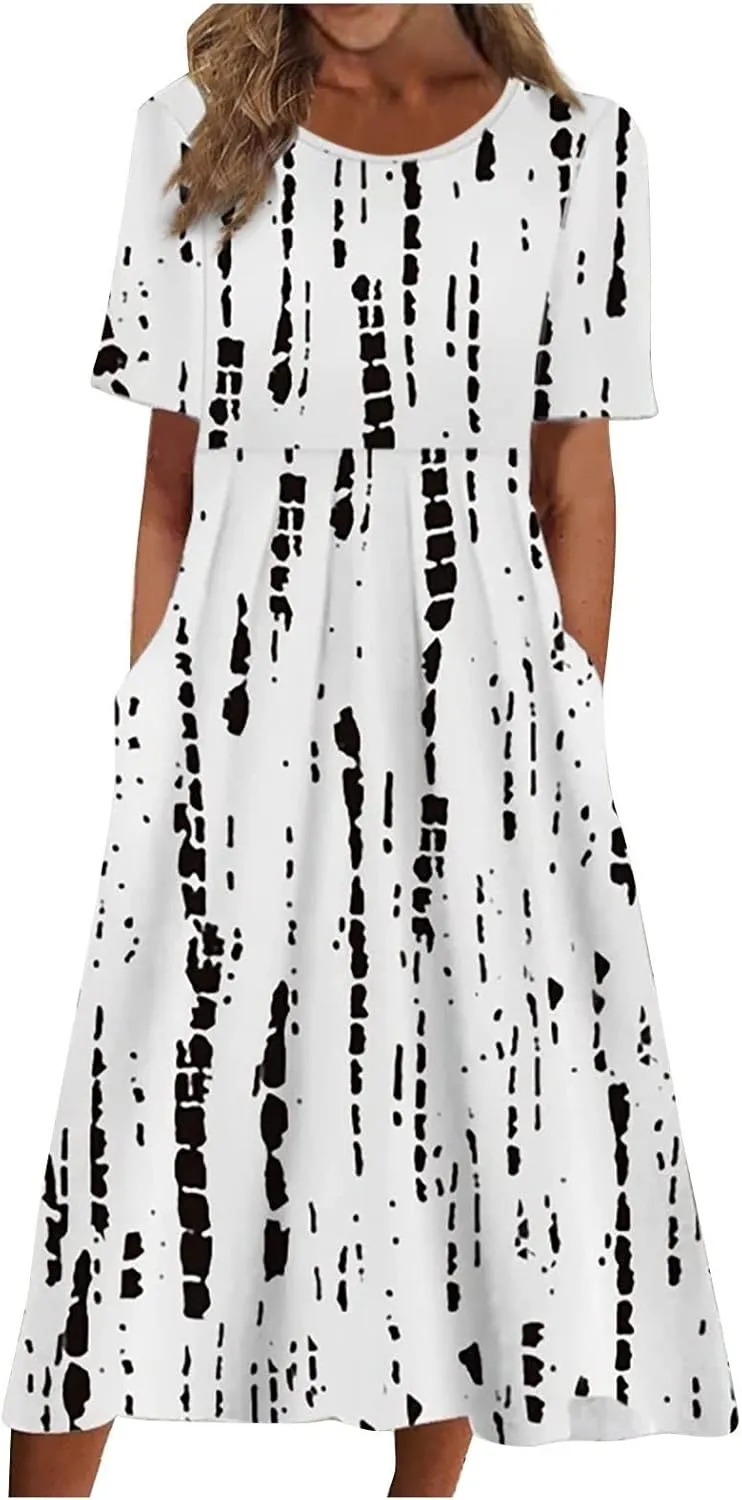 FlekmanArt Dresses for Women 2024 Round Neck Pocket Long Dresses Pleated Printed Dresses Short Sleeve Casual Beach Dress
