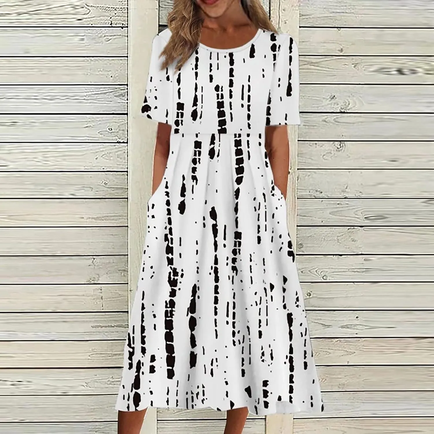 FlekmanArt Dresses for Women 2024 Round Neck Pocket Long Dresses Pleated Printed Dresses Short Sleeve Casual Beach Dress