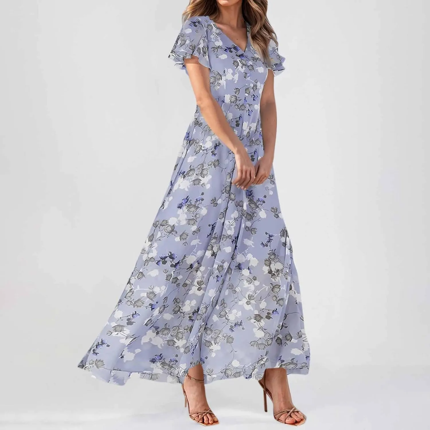Floral Maxi Dresses for Women 2025 Dressy Elegant Long Flowy Dresses Casual Summer Flutter Sleeve V Neck Swing Dress