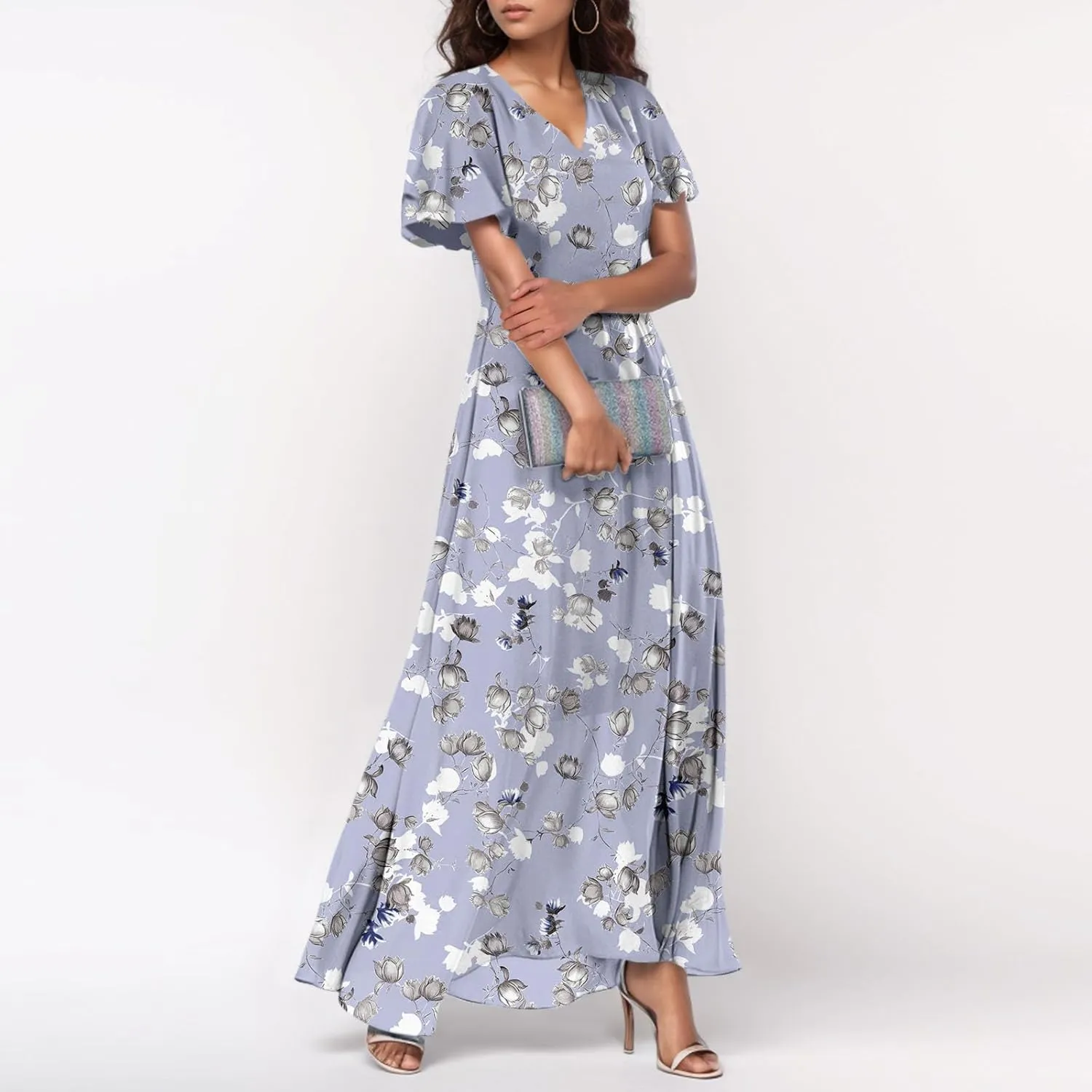 Floral Maxi Dresses for Women 2025 Dressy Elegant Long Flowy Dresses Casual Summer Flutter Sleeve V Neck Swing Dress