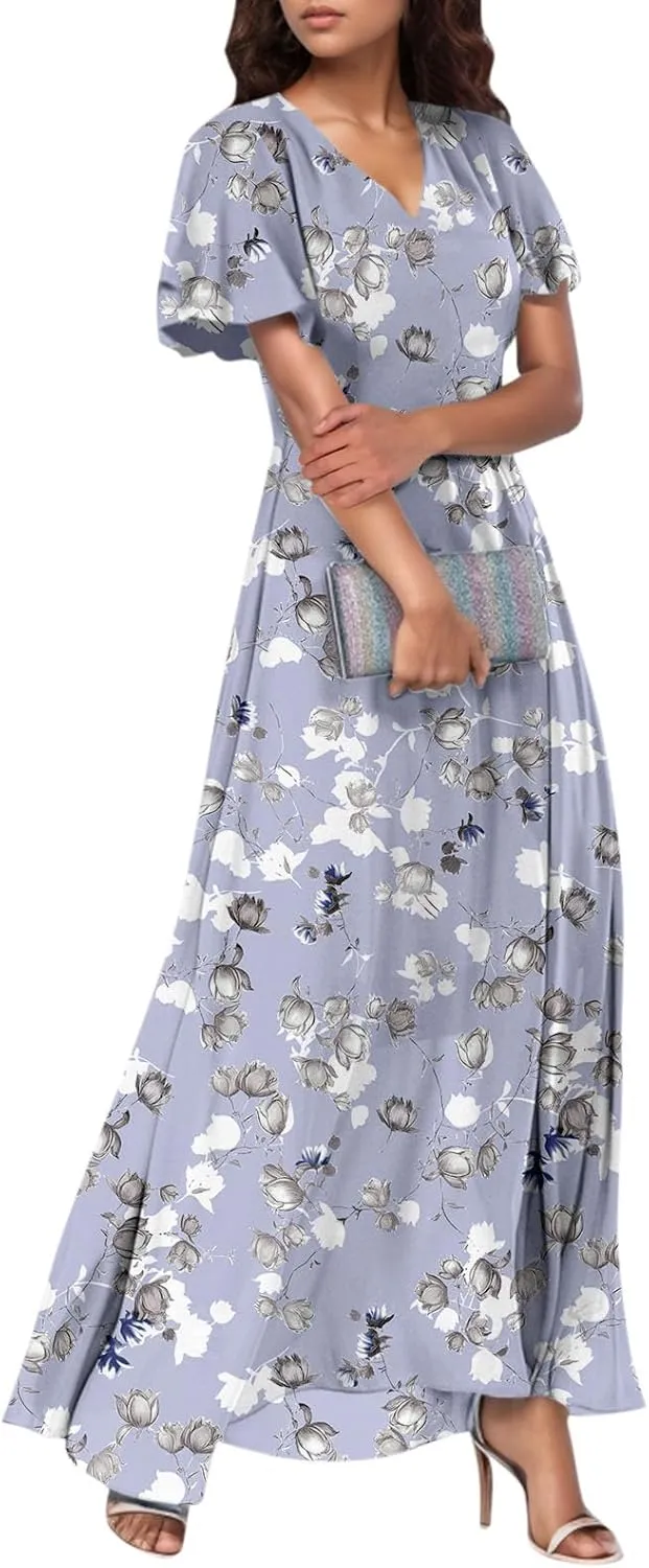 Floral Maxi Dresses for Women 2025 Dressy Elegant Long Flowy Dresses Casual Summer Flutter Sleeve V Neck Swing Dress