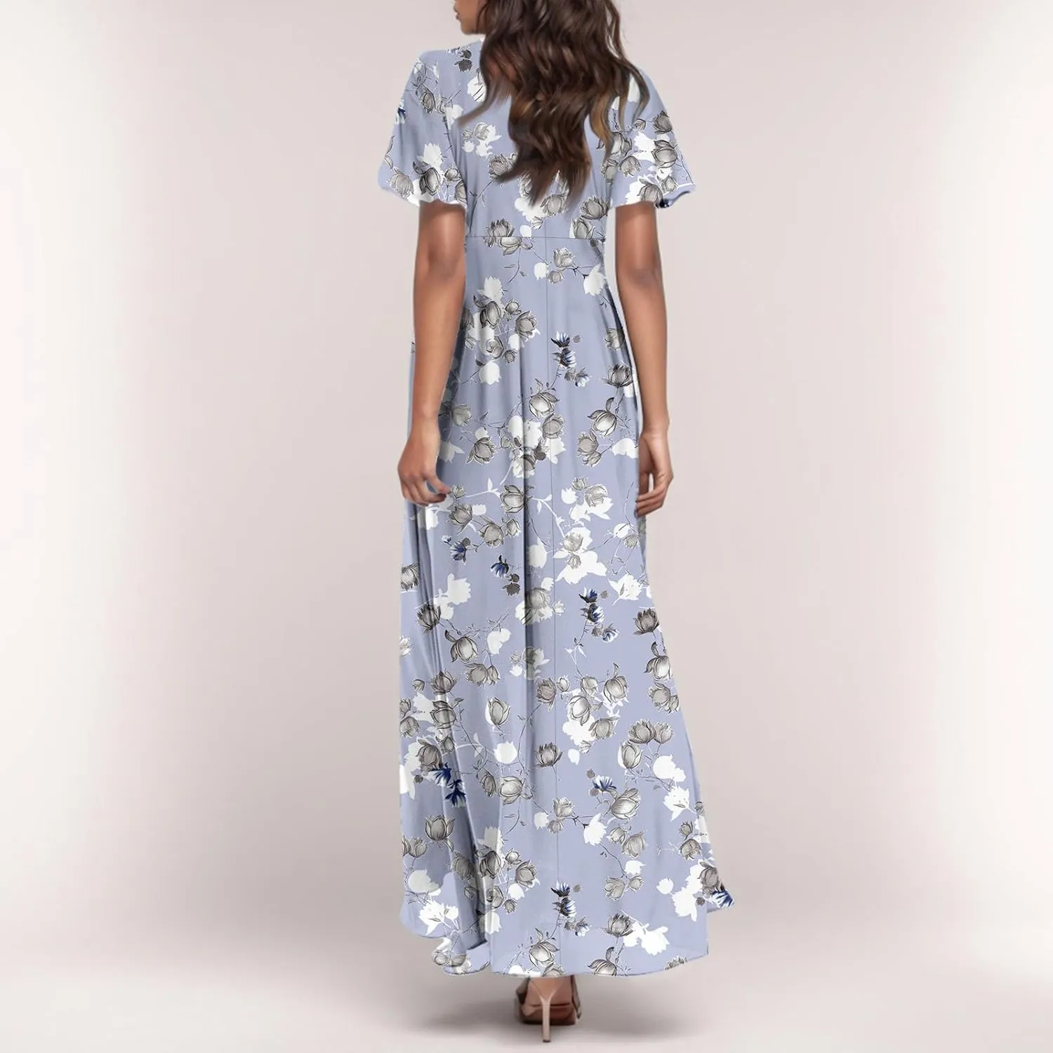 Floral Maxi Dresses for Women 2025 Dressy Elegant Long Flowy Dresses Casual Summer Flutter Sleeve V Neck Swing Dress