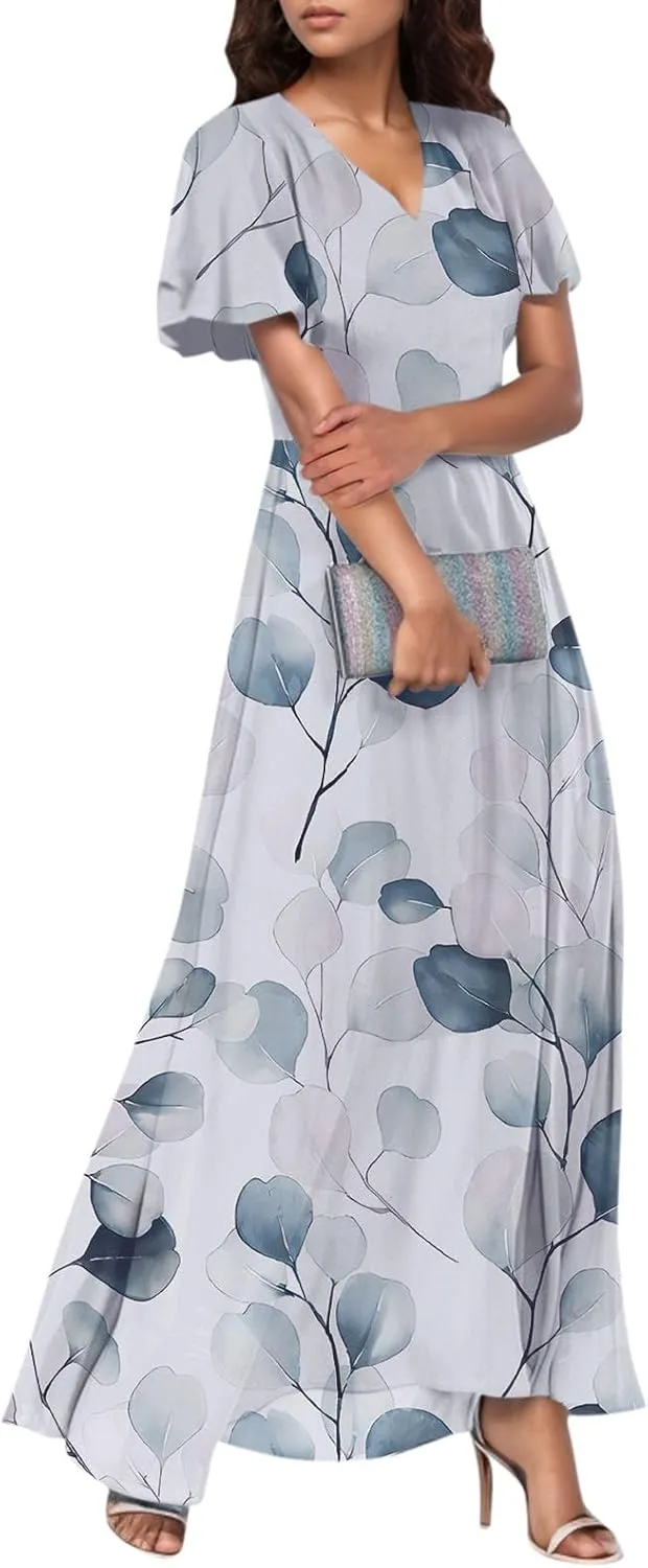Floral Maxi Dresses for Women 2025 Dressy Elegant Long Flowy Dresses Casual Summer Flutter Sleeve V Neck Swing Dress